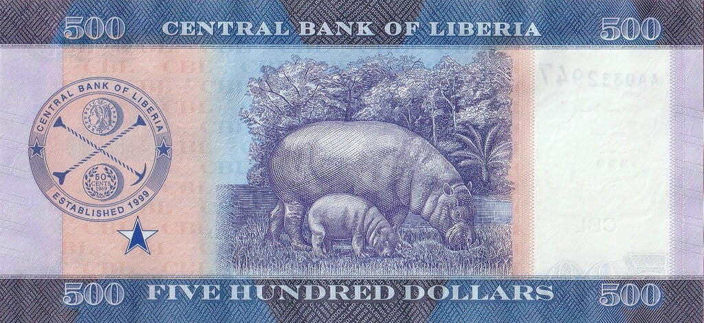 Liberia 500 dolarów Hipopotamy 2022 P-42a