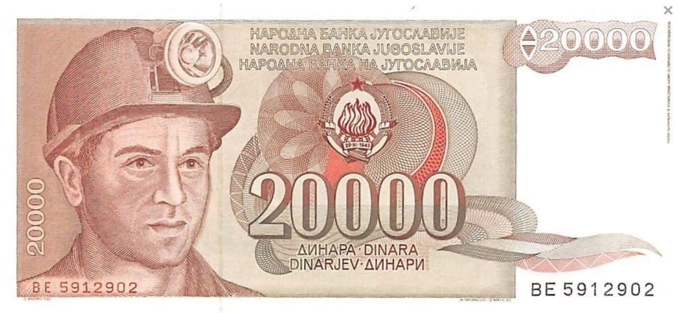 Jugosławia 20 000 dinarów Górnik 1987 P-95a