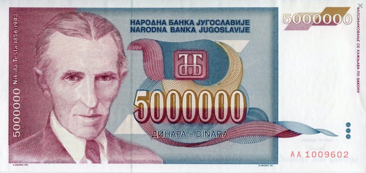 Jugosławia 5 mln dinarów Nikola Tesla 1993 P-121a